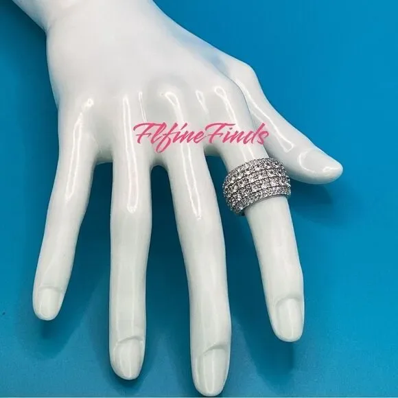 🧊💍Wide Luxurious Silver CZ Diamond 5-Row Sparkle Band Statement Cocktail Ring - Picture 8 of 17